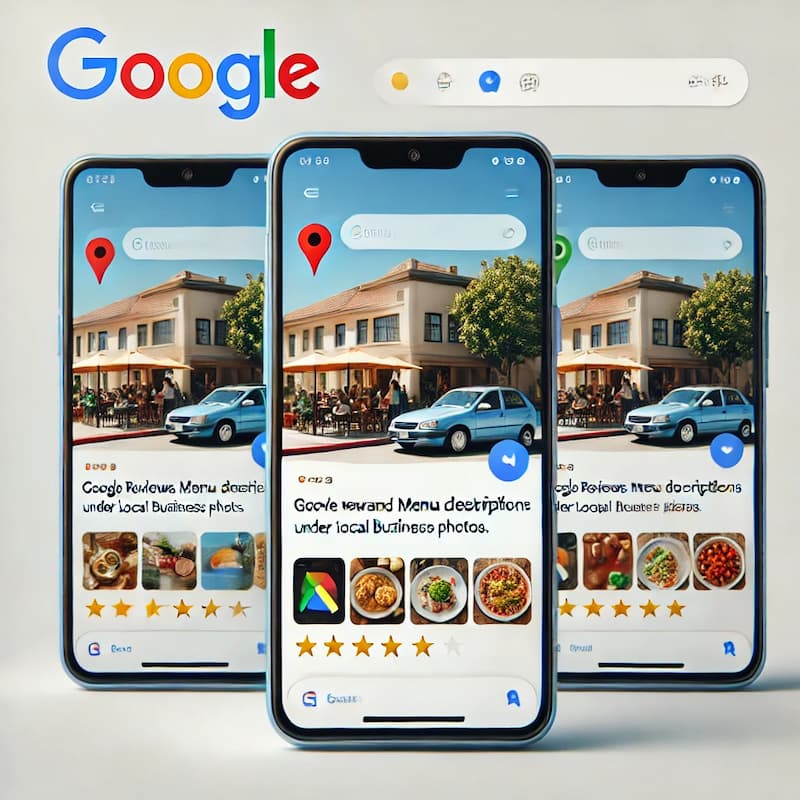 Reseñas y menús bajo fotos en Google Business.