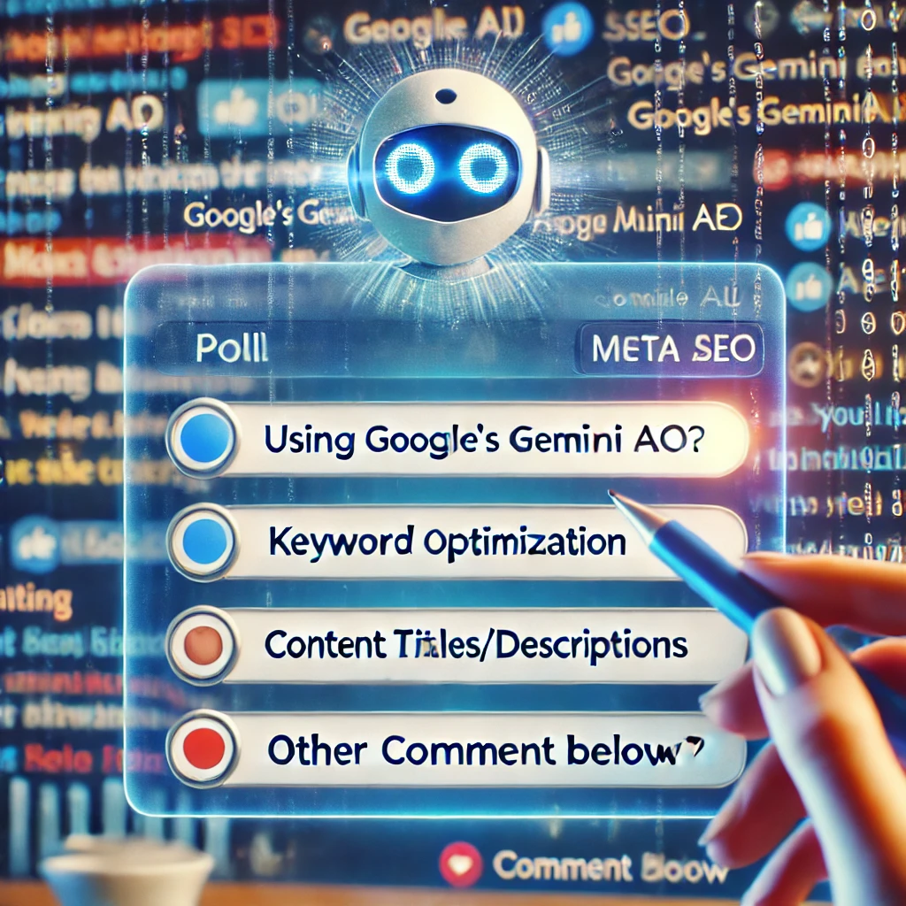 Ilustración conceptual de encuesta sobre el uso de Gemini AI de Google para SEO.