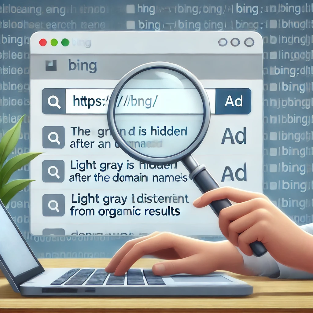 Illustration showing Bing ad label hidden after domain name.